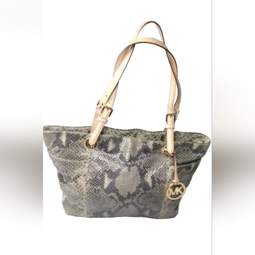 Michael Kors North South Tote Python Embossed Beige~Black Leather Handbag - Picture 5 of 13